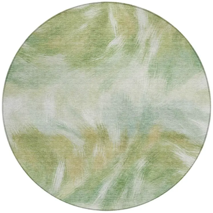 8' Green And Ivory Round Abstract Washable Indoor Outdoor Area Rug