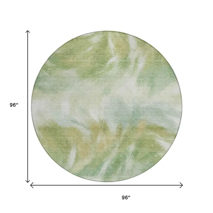 8' Green And Ivory Round Abstract Washable Indoor Outdoor Area Rug