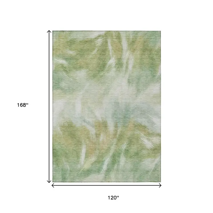 10' X 14' Green And Ivory Abstract Washable Indoor Outdoor Area Rug