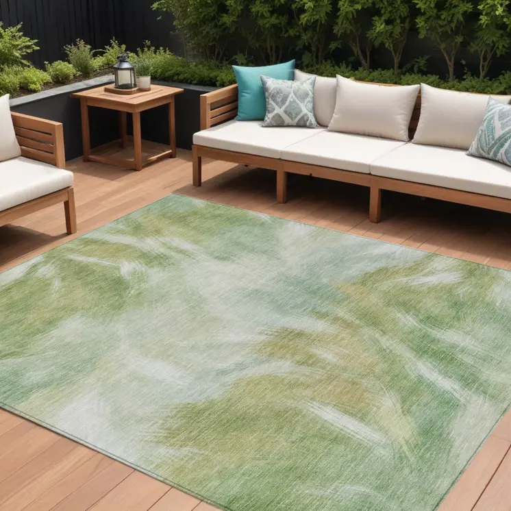 10' X 14' Green And Ivory Abstract Washable Indoor Outdoor Area Rug