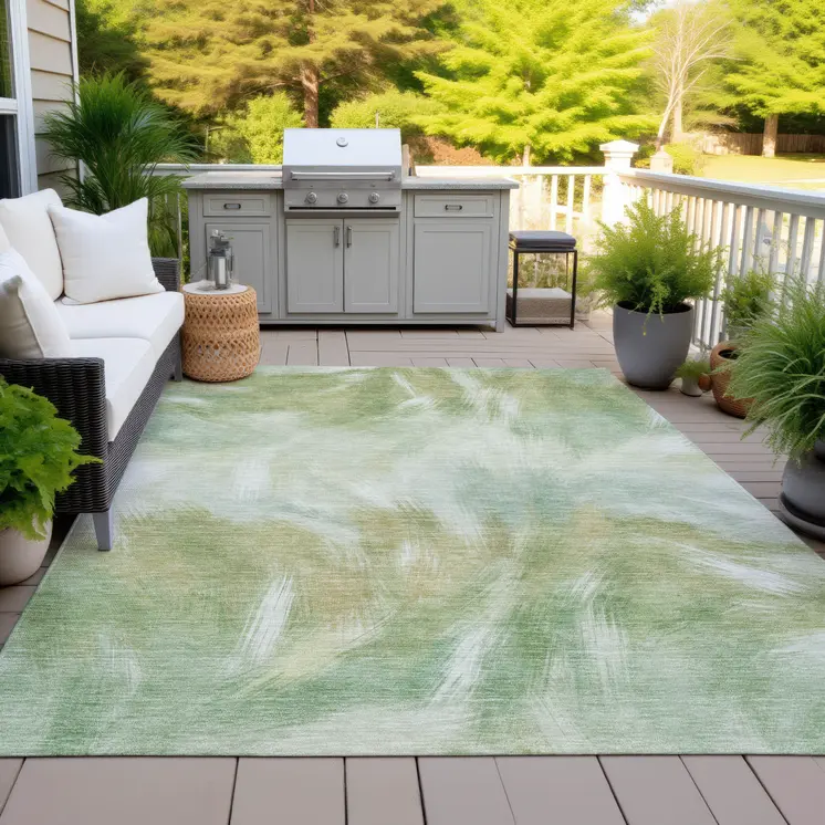 10' X 14' Green And Ivory Abstract Washable Indoor Outdoor Area Rug