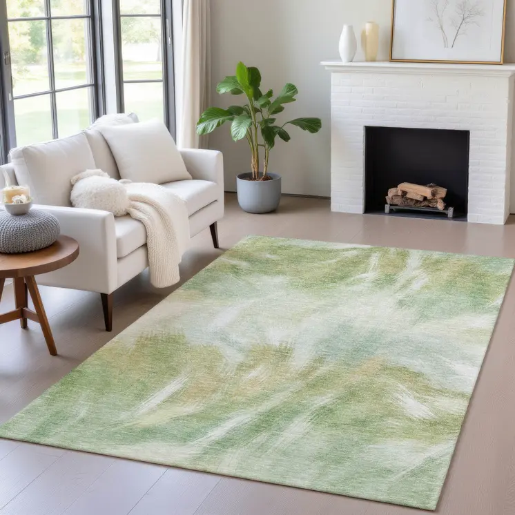 10' X 14' Green And Ivory Abstract Washable Indoor Outdoor Area Rug