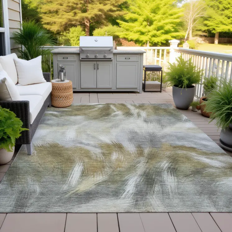3' X 5' Pewter And Silver Abstract Washable Indoor Outdoor Area Rug