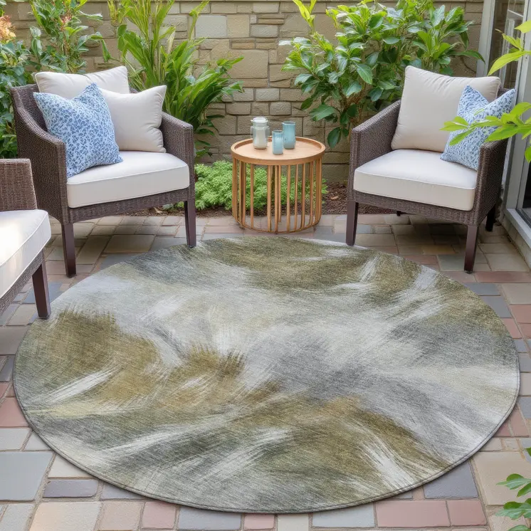 8' Pewter And Silver Round Abstract Washable Indoor Outdoor Area Rug