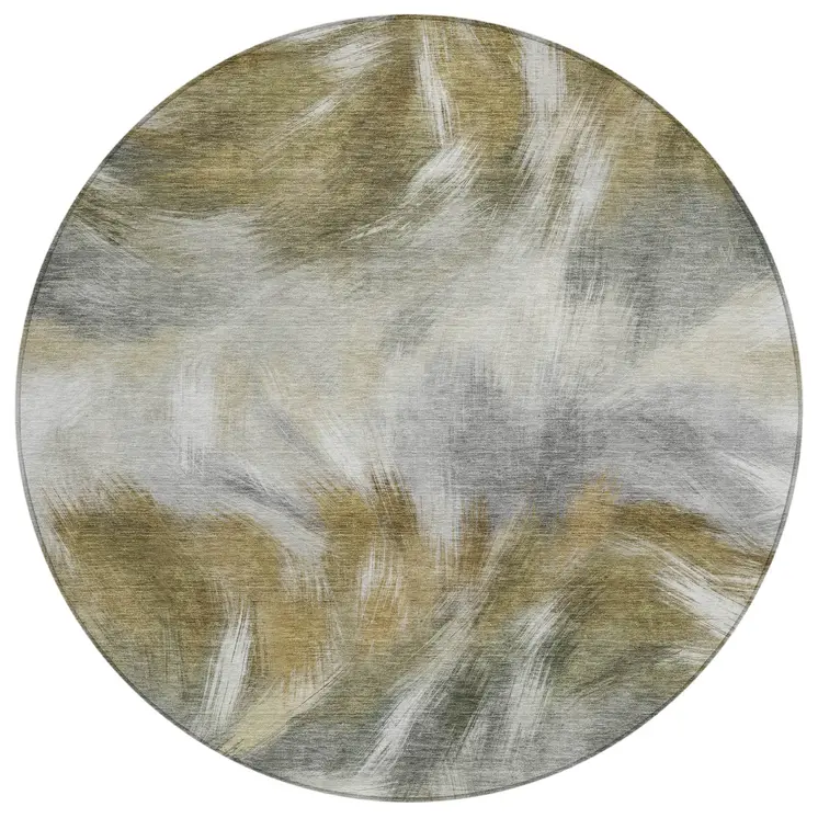 8' Pewter And Silver Round Abstract Washable Indoor Outdoor Area Rug
