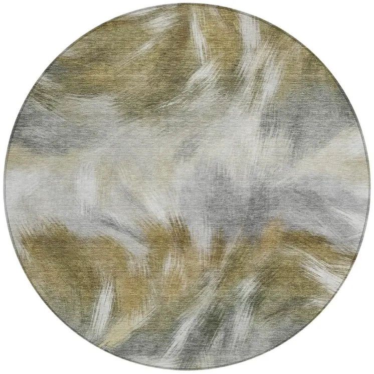 8' Pewter And Silver Round Abstract Washable Indoor Outdoor Area Rug