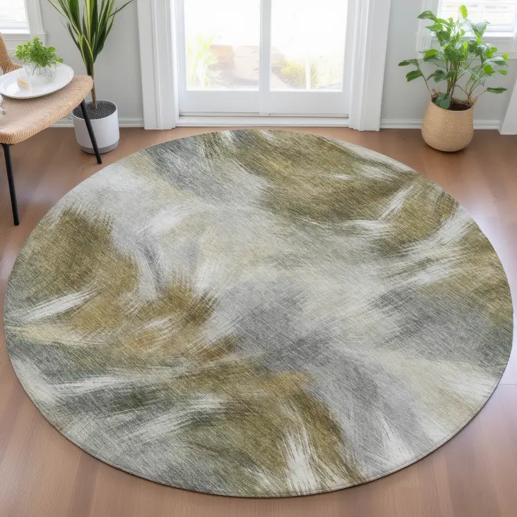 8' Pewter And Silver Round Abstract Washable Indoor Outdoor Area Rug