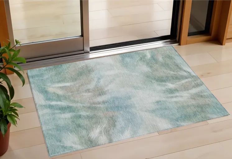 3' X 5' Sky Blue And Ivory Abstract Washable Indoor Outdoor Area Rug