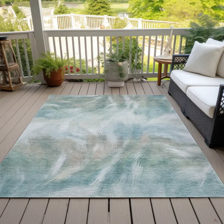 3' X 5' Sky Blue And Ivory Abstract Washable Indoor Outdoor Area Rug