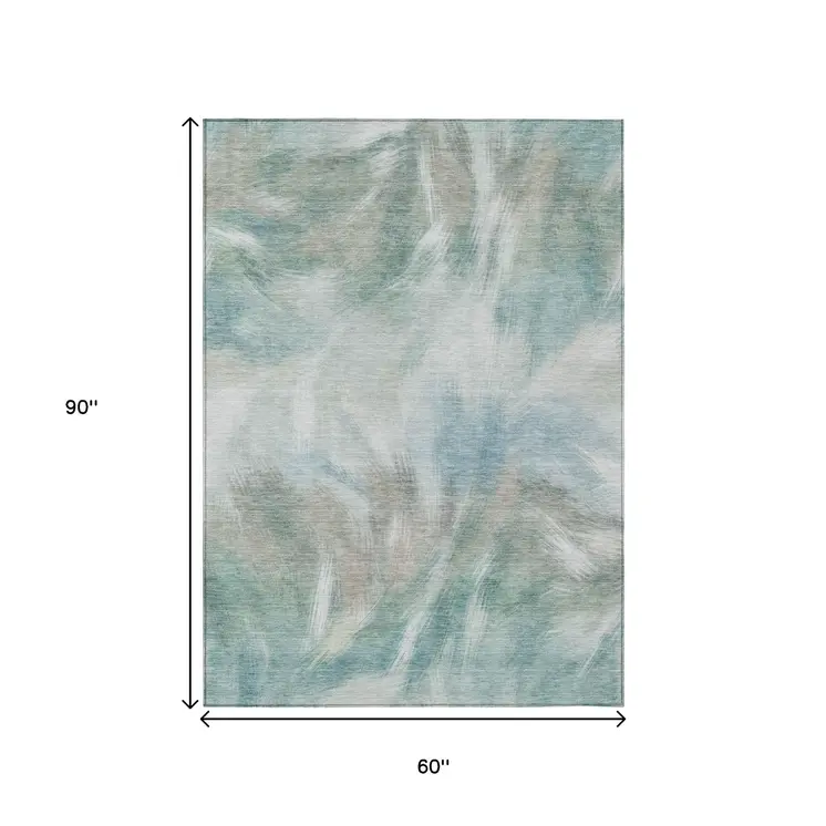 5' X 8' Sky Blue And Ivory Abstract Washable Indoor Outdoor Area Rug