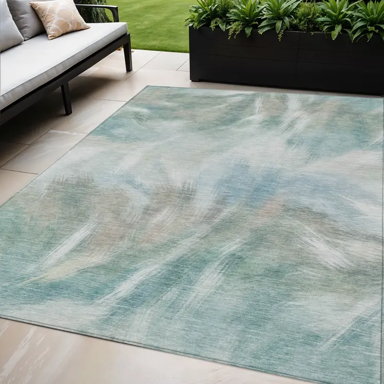 5' X 8' Sky Blue And Ivory Abstract Washable Indoor Outdoor Area Rug