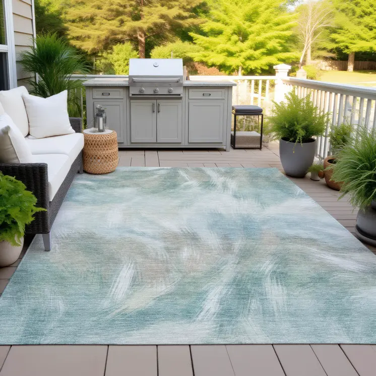 5' X 8' Sky Blue And Ivory Abstract Washable Indoor Outdoor Area Rug