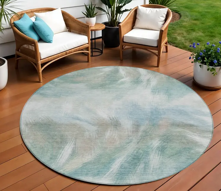8' Sky Blue And Ivory Round Abstract Washable Indoor Outdoor Area Rug