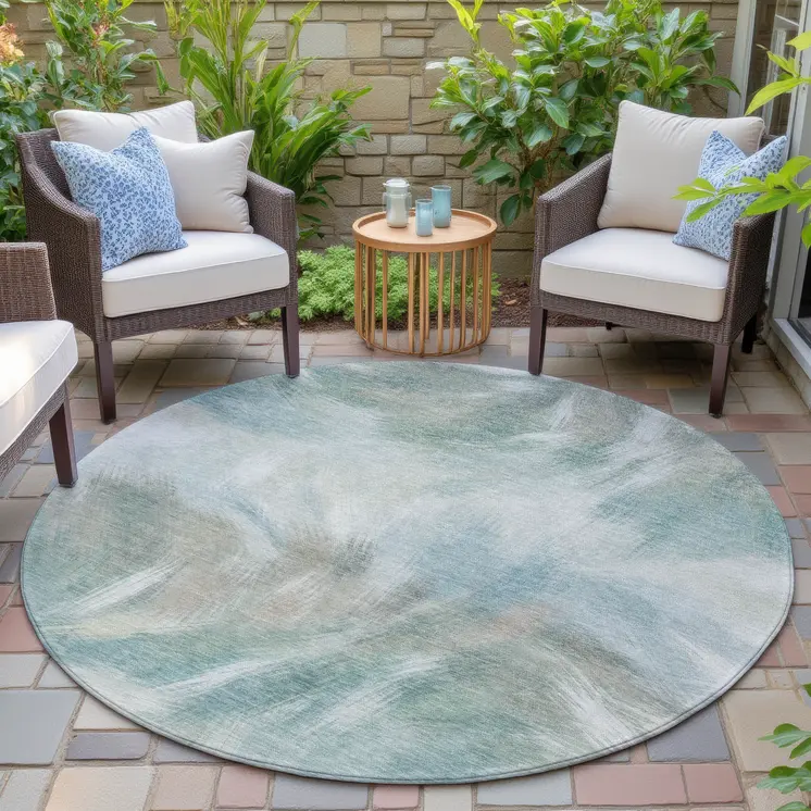 8' Sky Blue And Ivory Round Abstract Washable Indoor Outdoor Area Rug