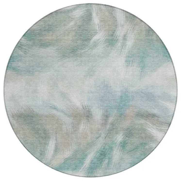 8' Sky Blue And Ivory Round Abstract Washable Indoor Outdoor Area Rug