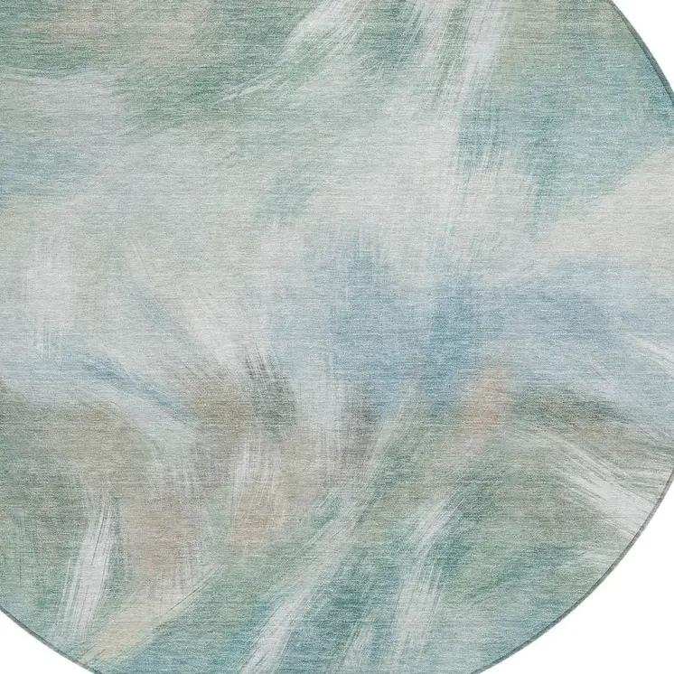 8' Sky Blue And Ivory Round Abstract Washable Indoor Outdoor Area Rug