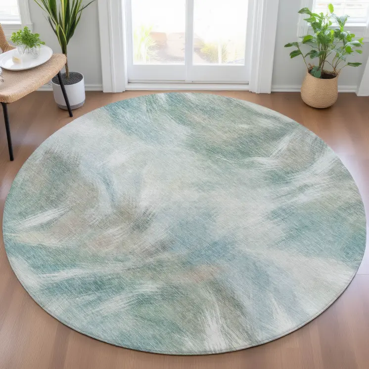 8' Sky Blue And Ivory Round Abstract Washable Indoor Outdoor Area Rug