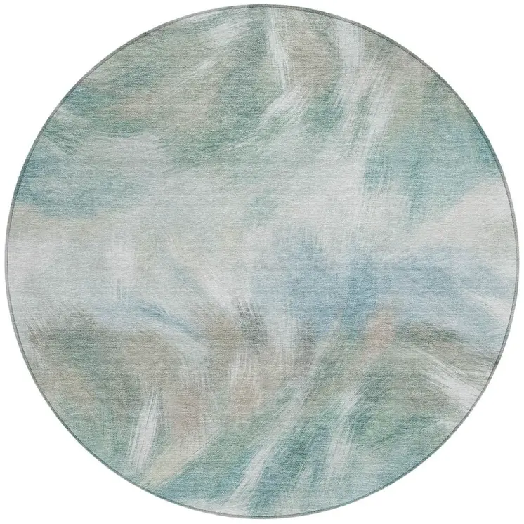 8' Sky Blue And Ivory Round Abstract Washable Indoor Outdoor Area Rug