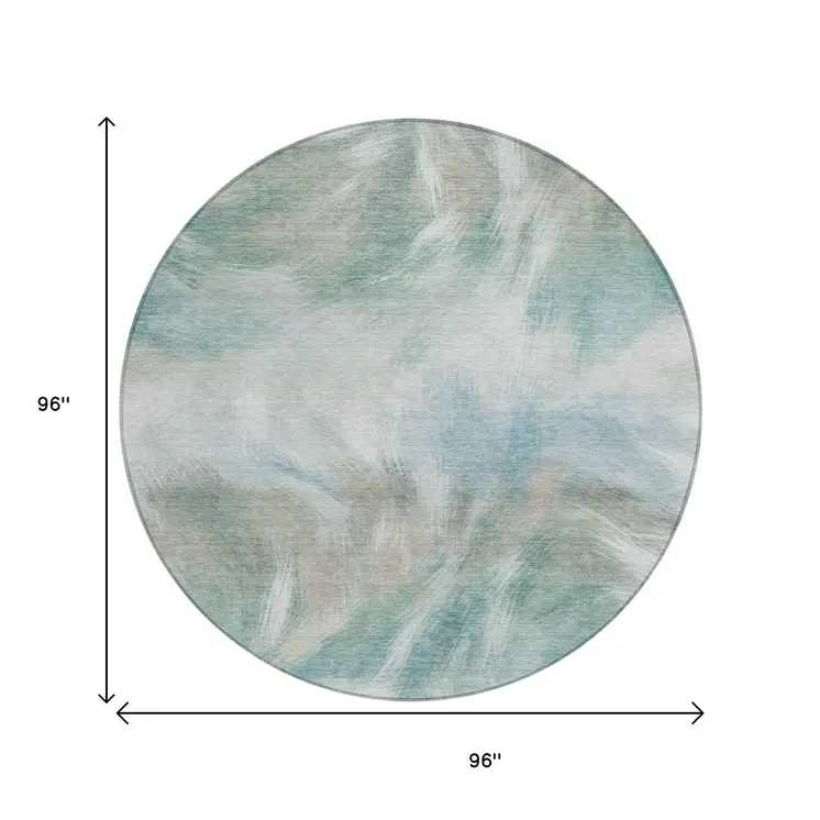 8' Sky Blue And Ivory Round Abstract Washable Indoor Outdoor Area Rug