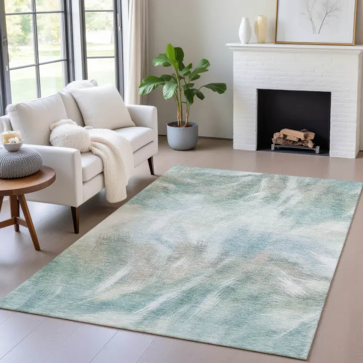 10' X 14' Sky Blue And Ivory Abstract Washable Indoor Outdoor Area Rug
