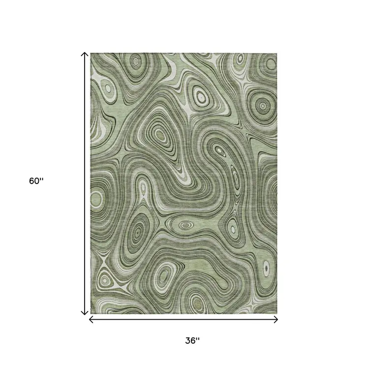3' X 5' Artichoke Green And Ivory Geometric Washable Indoor Outdoor Area Rug