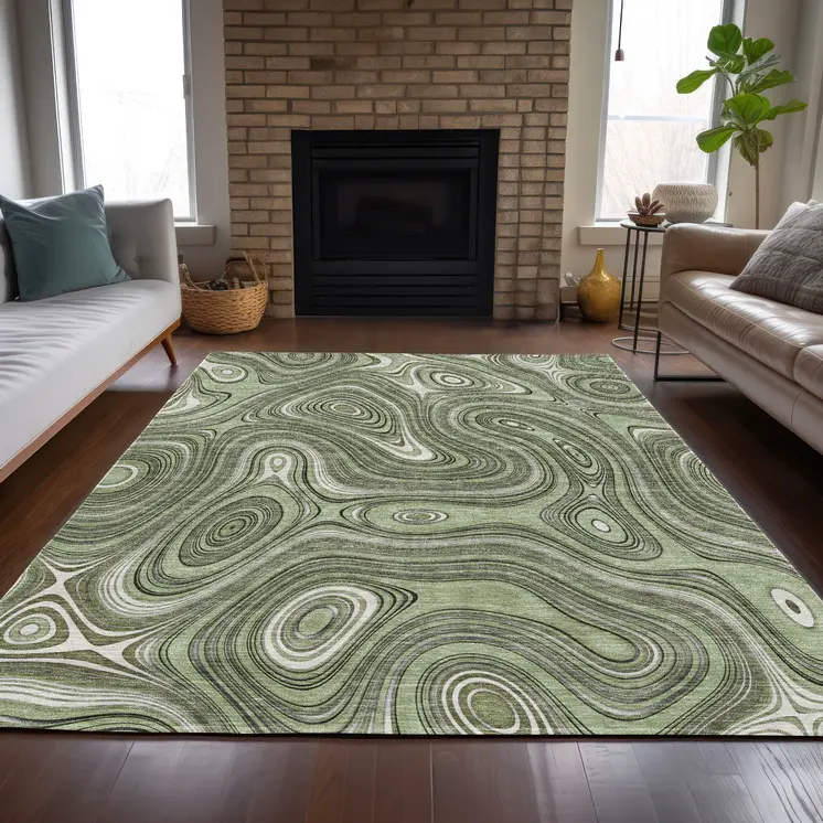 3' X 5' Artichoke Green And Ivory Geometric Washable Indoor Outdoor Area Rug
