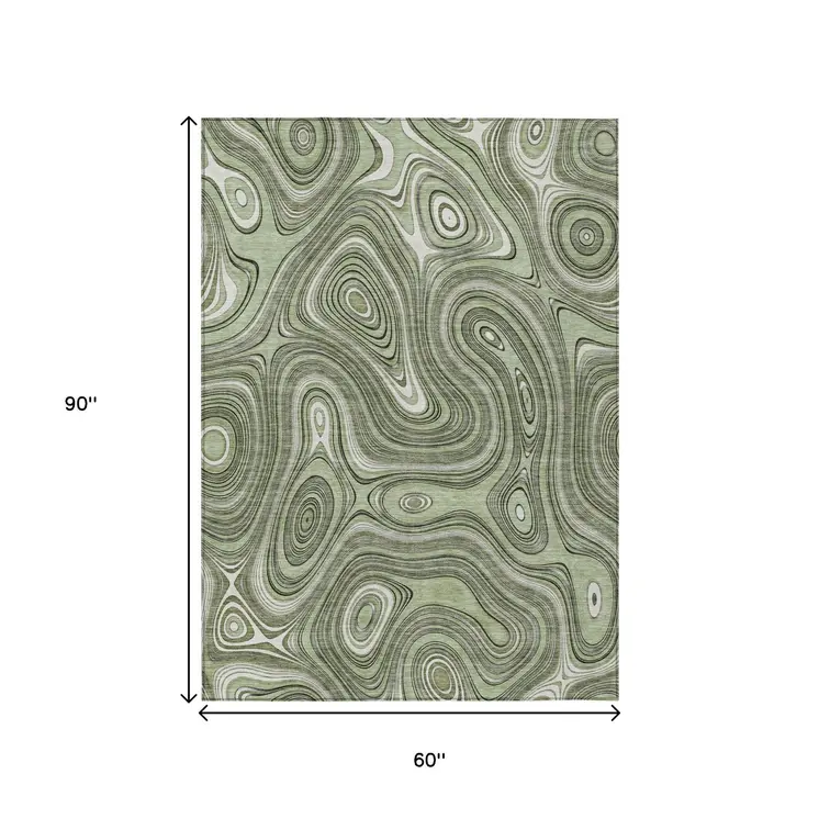 5' X 8' Artichoke Green And Ivory Geometric Washable Indoor Outdoor Area Rug