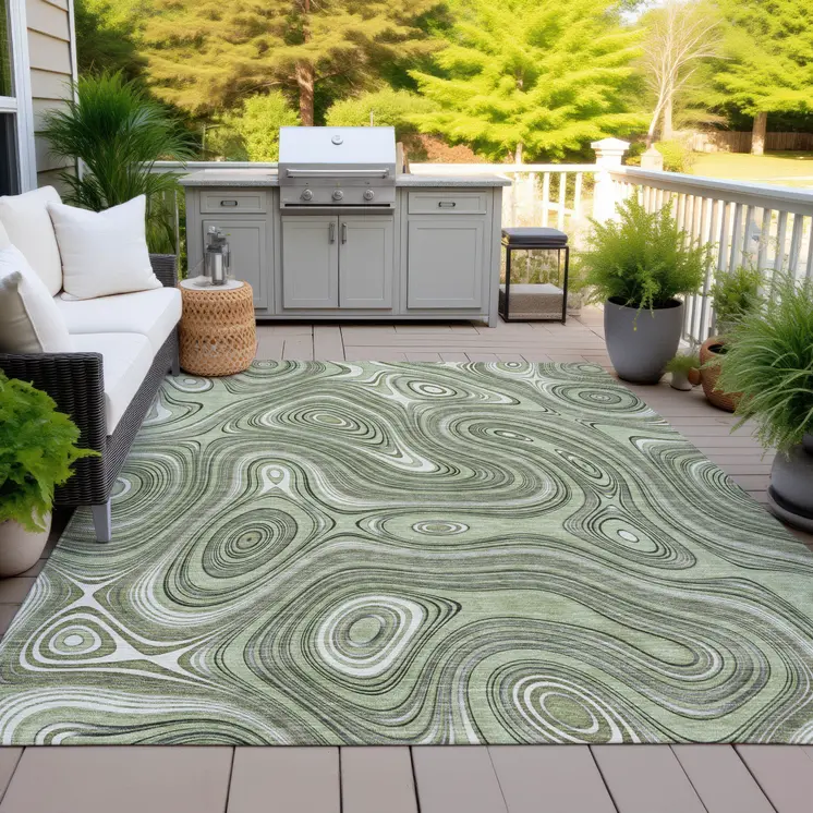 5' X 8' Artichoke Green And Ivory Geometric Washable Indoor Outdoor Area Rug