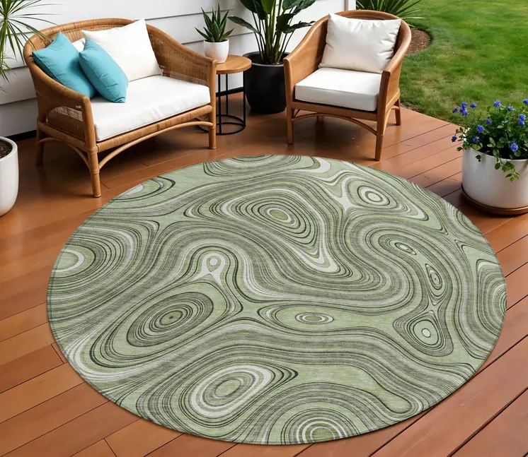 8' Artichoke Green And Ivory Round Geometric Washable Indoor Outdoor Area Rug