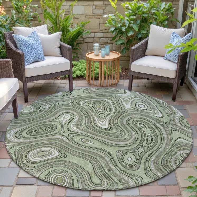 8' Artichoke Green And Ivory Round Geometric Washable Indoor Outdoor Area Rug