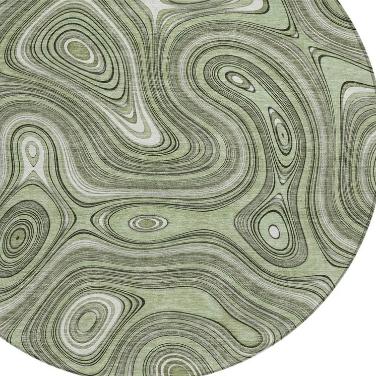 8' Artichoke Green And Ivory Round Geometric Washable Indoor Outdoor Area Rug