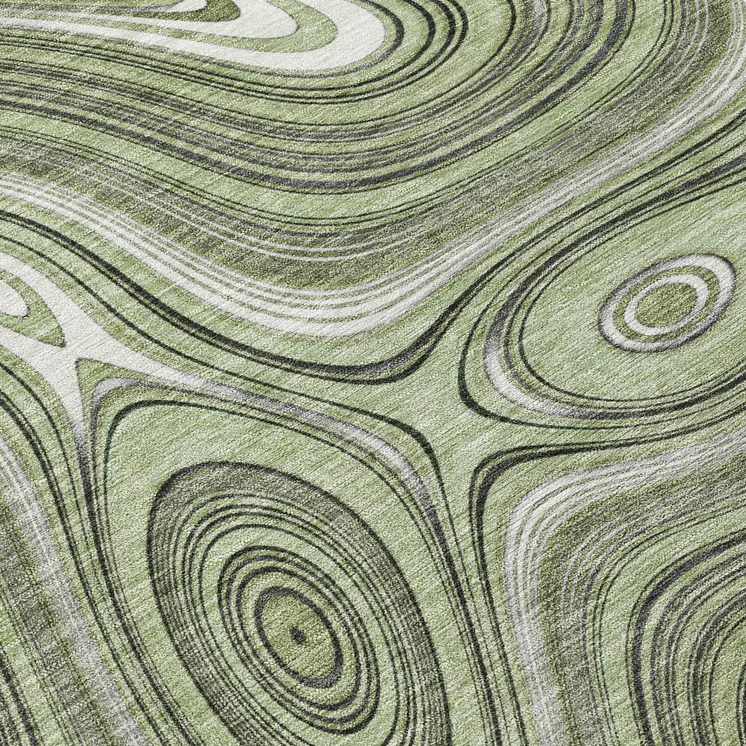 8' Artichoke Green And Ivory Round Geometric Washable Indoor Outdoor Area Rug