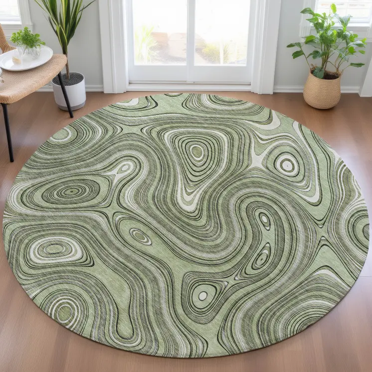 8' Artichoke Green And Ivory Round Geometric Washable Indoor Outdoor Area Rug
