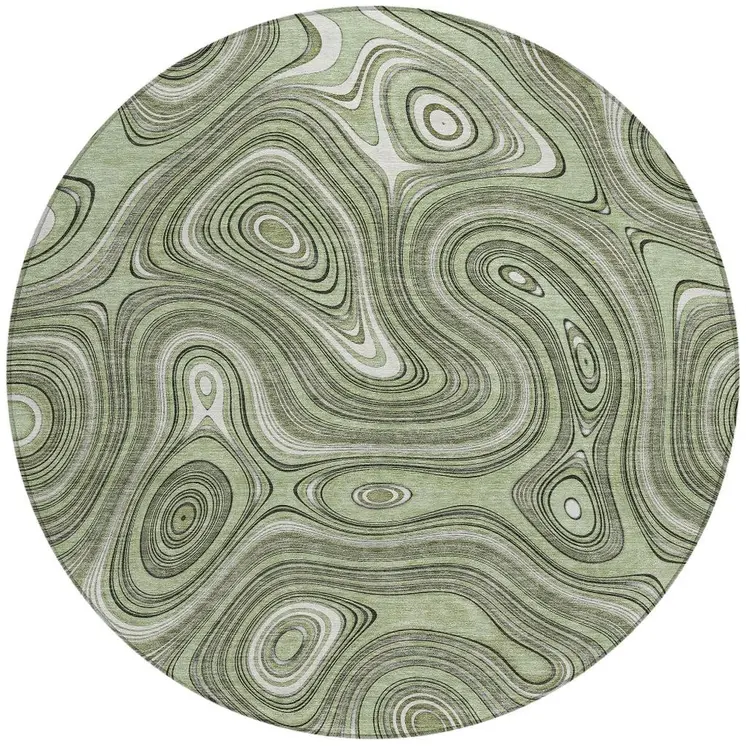 8' Artichoke Green And Ivory Round Geometric Washable Indoor Outdoor Area Rug