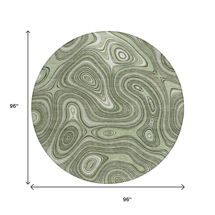 8' Artichoke Green And Ivory Round Geometric Washable Indoor Outdoor Area Rug