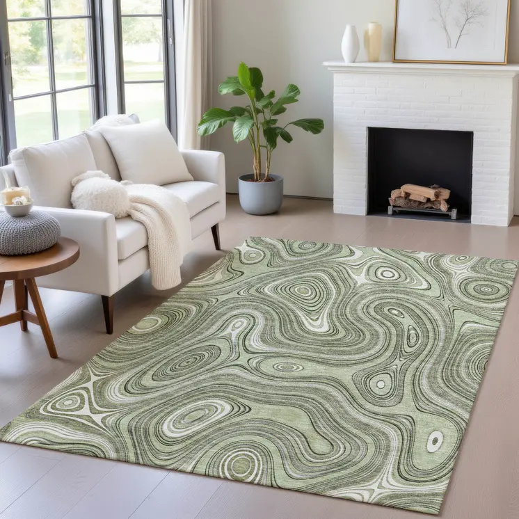 10' X 14' Artichoke Green And Ivory Geometric Washable Indoor Outdoor Area Rug