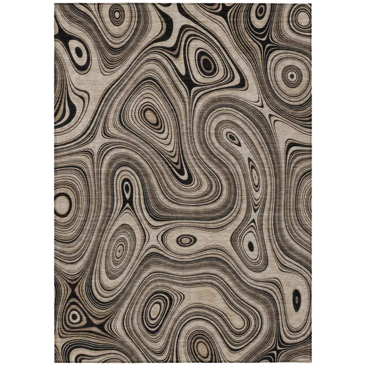 3' X 5' Beige And Charcoal Geometric Washable Indoor Outdoor Area Rug