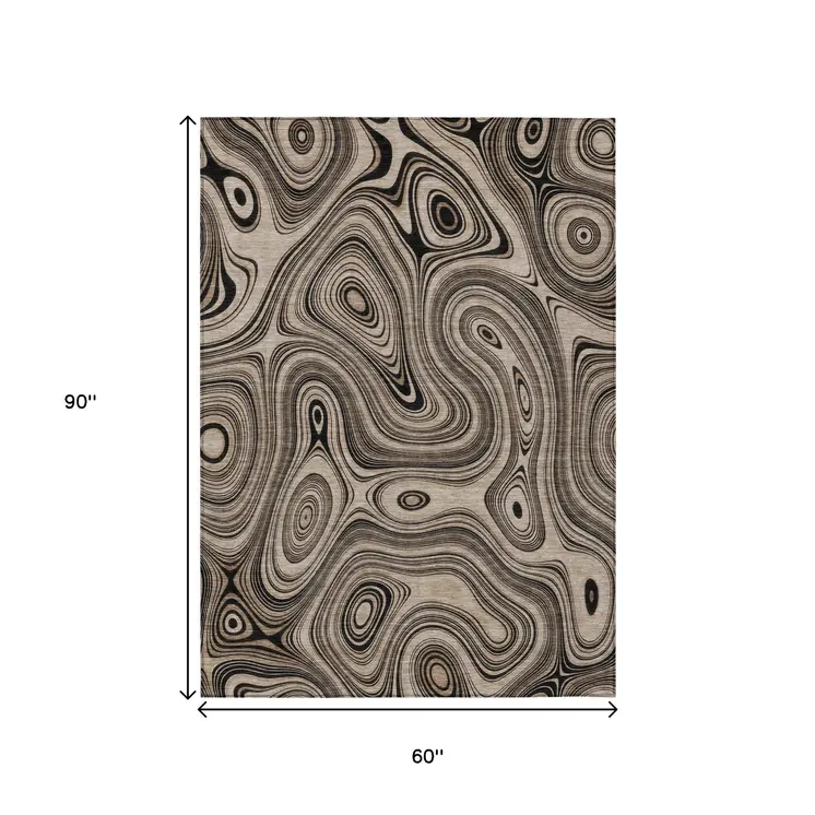 5' X 8' Beige And Charcoal Geometric Washable Indoor Outdoor Area Rug