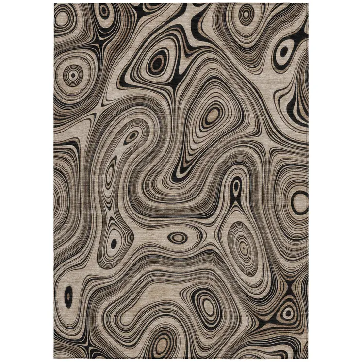 5' X 8' Beige And Charcoal Geometric Washable Indoor Outdoor Area Rug