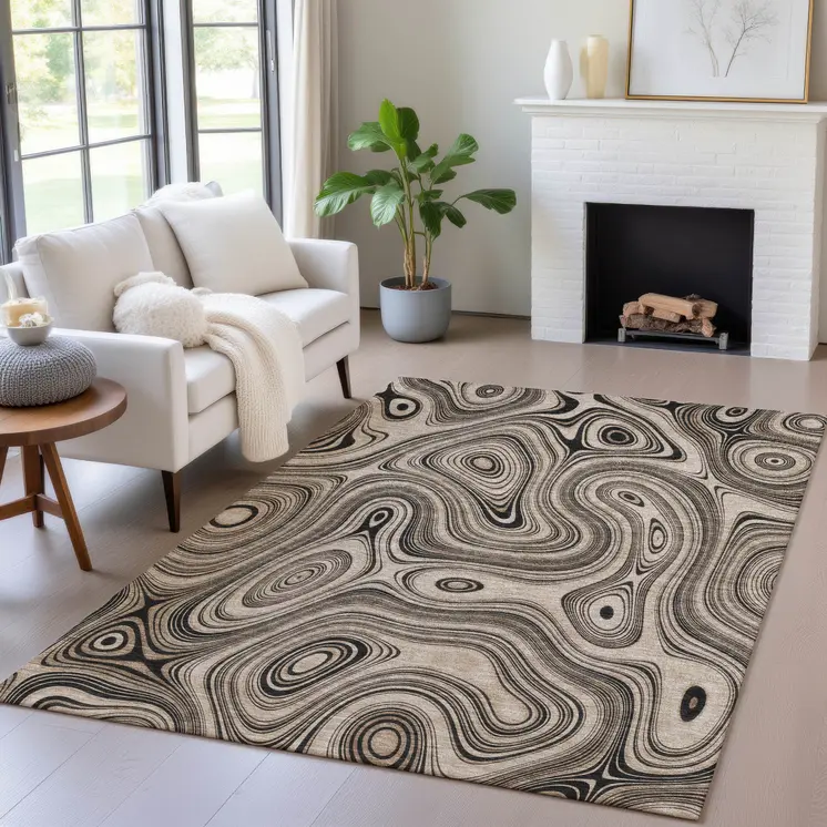 5' X 8' Beige And Charcoal Geometric Washable Indoor Outdoor Area Rug