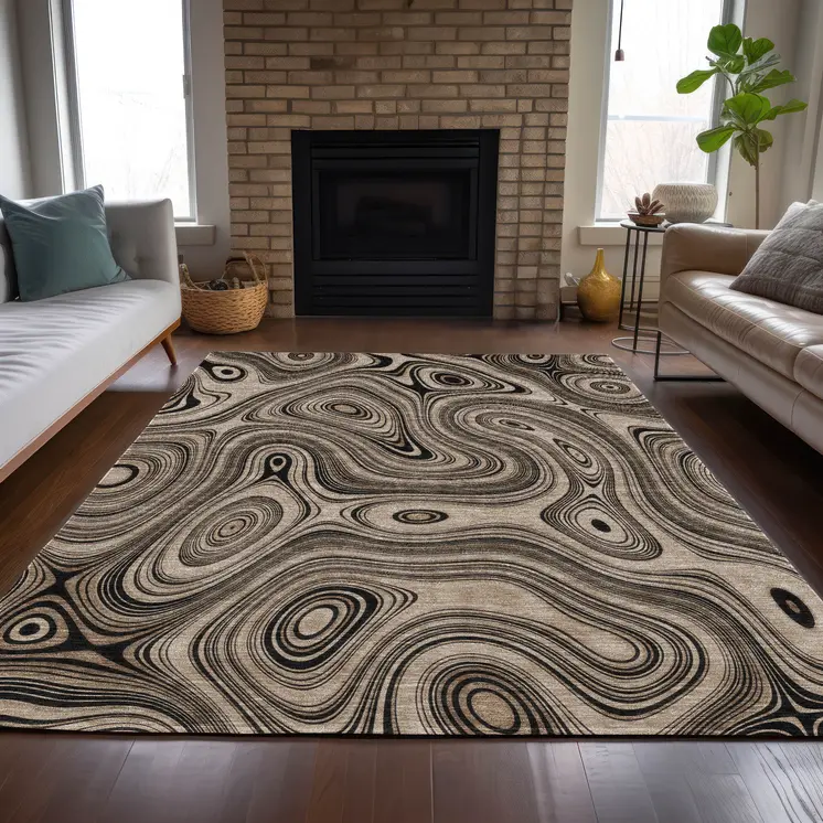 5' X 8' Beige And Charcoal Geometric Washable Indoor Outdoor Area Rug