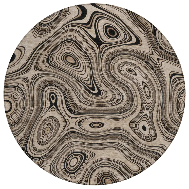 8' Beige And Charcoal Round Geometric Washable Indoor Outdoor Area Rug