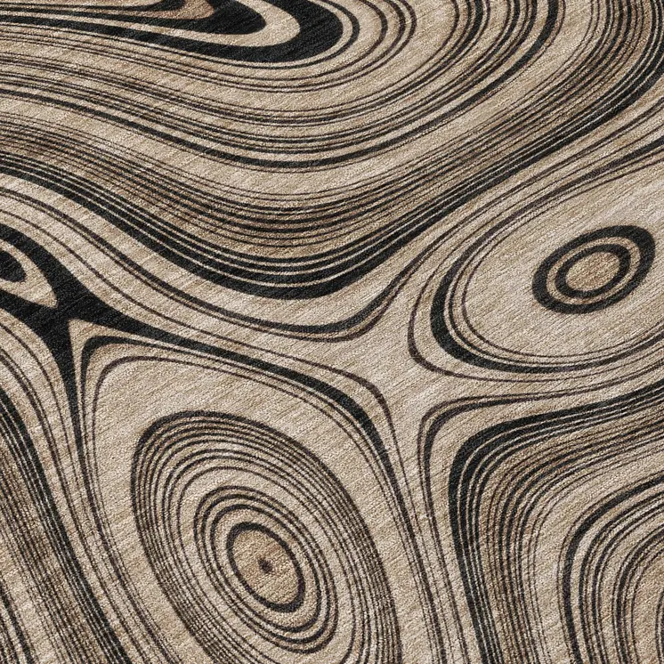 8' Beige And Charcoal Round Geometric Washable Indoor Outdoor Area Rug