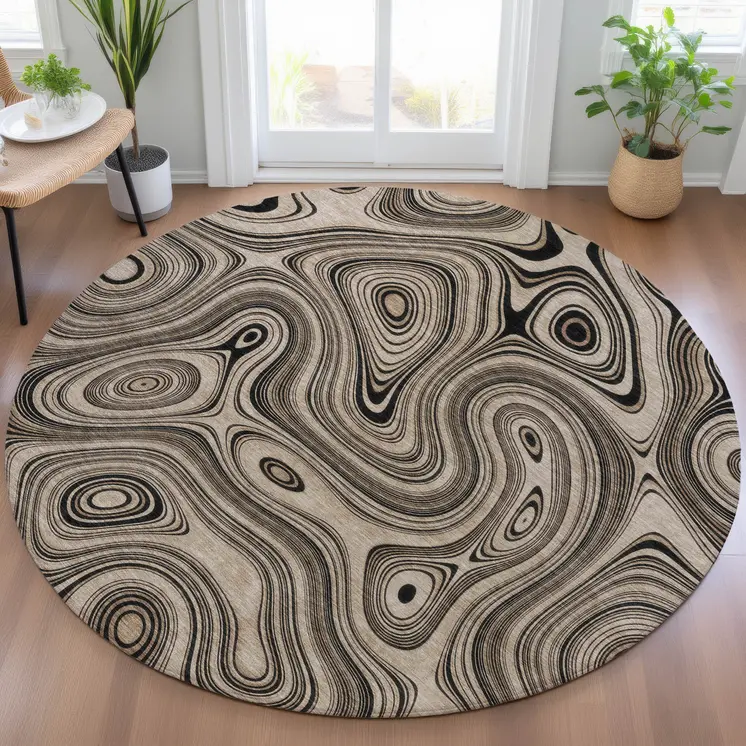 8' Beige And Charcoal Round Geometric Washable Indoor Outdoor Area Rug