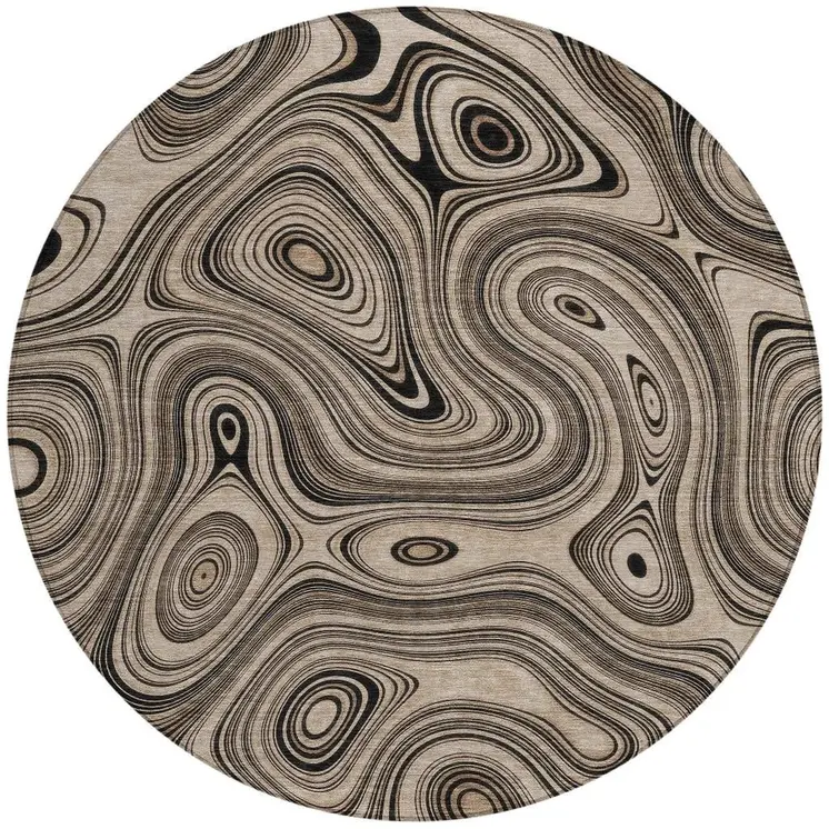 8' Beige And Charcoal Round Geometric Washable Indoor Outdoor Area Rug