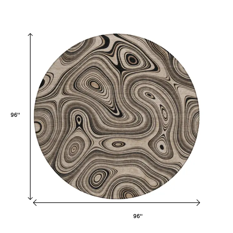 8' Beige And Charcoal Round Geometric Washable Indoor Outdoor Area Rug