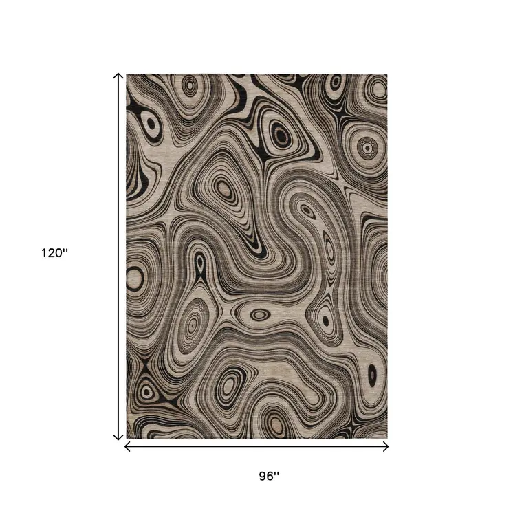 8' X 10' Beige And Charcoal Geometric Washable Indoor Outdoor Area Rug