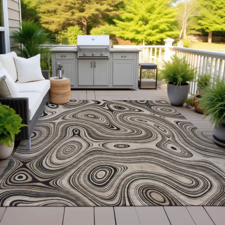 8' X 10' Beige And Charcoal Geometric Washable Indoor Outdoor Area Rug