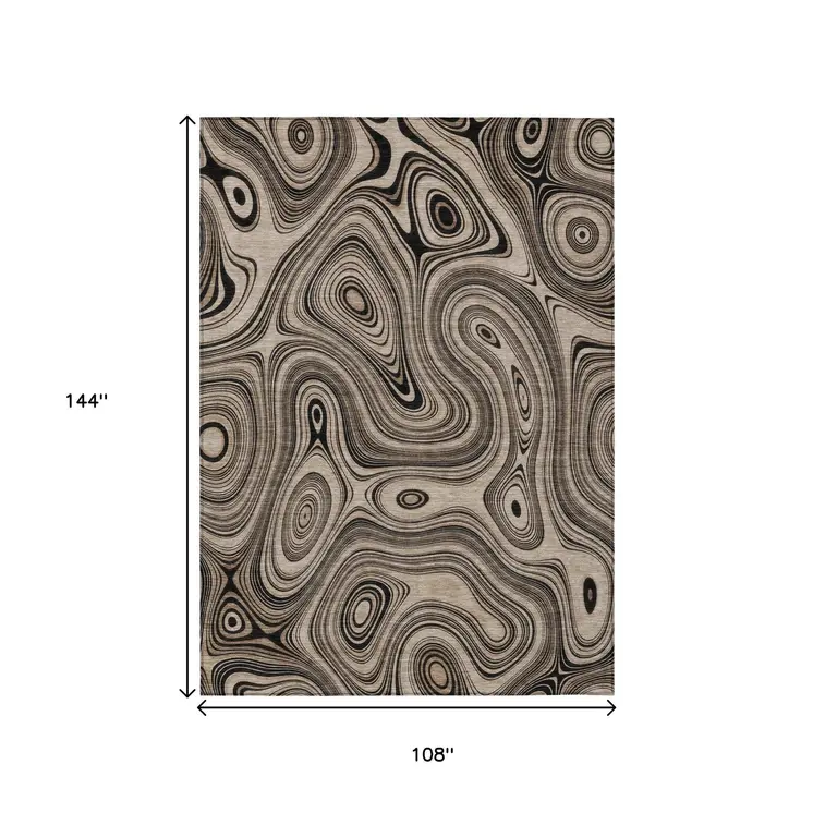 9' X 12' Beige And Charcoal Geometric Washable Indoor Outdoor Area Rug