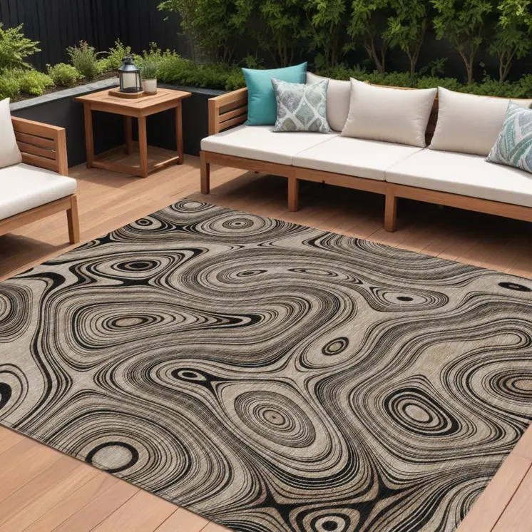 10' X 14' Beige And Charcoal Geometric Washable Indoor Outdoor Area Rug